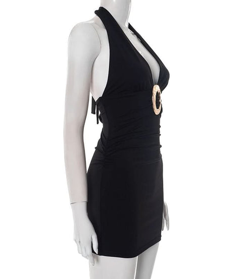 Goddess Gold Ring Halter Mini Dress - Your Ultimate LBD for Fall Parties & Holiday Nights