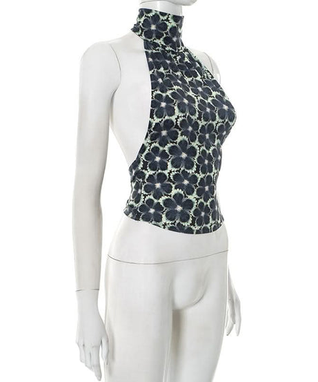 Midnight Bloom Halter Top | Chic Backless Tie-Waist Floral for Fall Evenings
