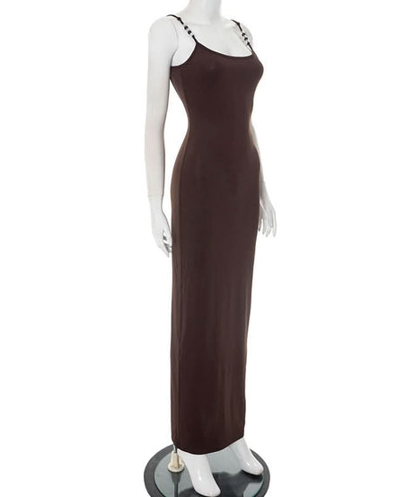 Autumn Luxe: Elegant Chocolate Brown Beaded Cami Maxi Dress - Fall Evenings & Holiday Style