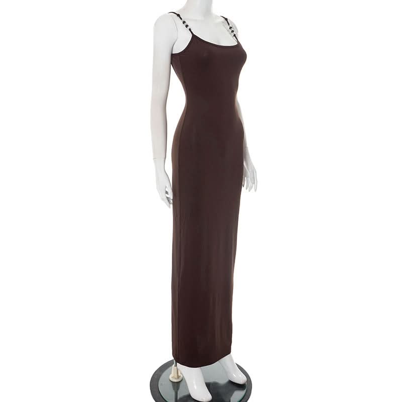 Autumn Luxe: Elegant Chocolate Brown Beaded Cami Maxi Dress - Fall Evenings & Holiday Style
