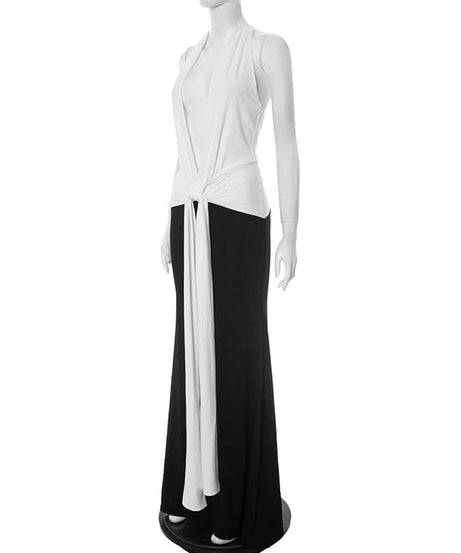 Effortless Elegance: Black & White Halter Maxi Dress with Self-Tie Waist – Your Go-To for Fall & Holiday Parties