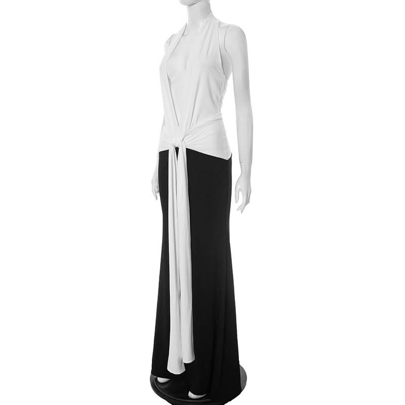 Effortless Elegance: Black & White Halter Maxi Dress with Self-Tie Waist – Your Go-To for Fall & Holiday Parties