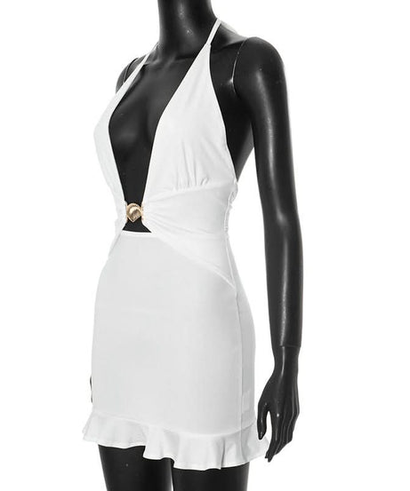 Stunning White Halter Plunge Mini Dress with Seashell Charm - Your Warm Weather Getaway Essential