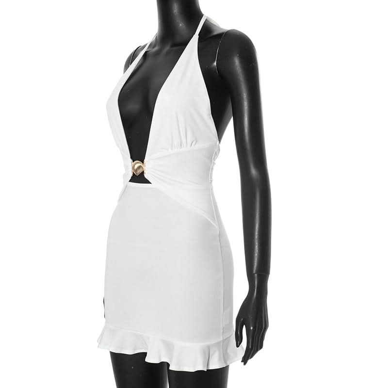 Stunning White Halter Plunge Mini Dress with Seashell Charm - Your Warm Weather Getaway Essential