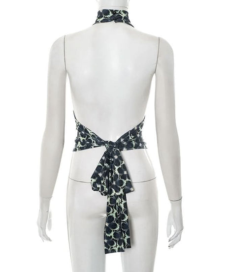 Midnight Bloom Halter Top | Chic Backless Tie-Waist Floral for Fall Evenings