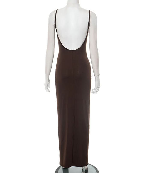 Autumn Luxe: Elegant Chocolate Brown Beaded Cami Maxi Dress - Fall Evenings & Holiday Style