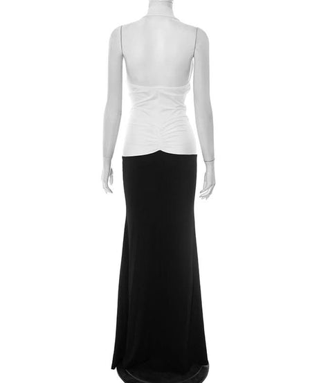 Effortless Elegance: Black & White Halter Maxi Dress with Self-Tie Waist – Your Go-To for Fall & Holiday Parties