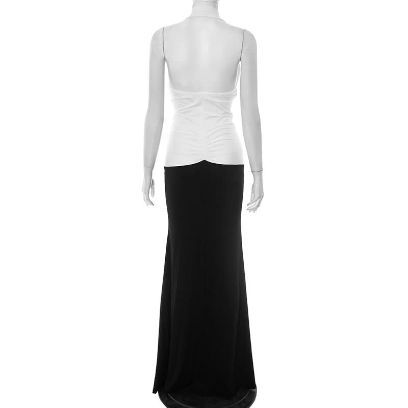 Effortless Elegance: Black & White Halter Maxi Dress with Self-Tie Waist – Your Go-To for Fall & Holiday Parties