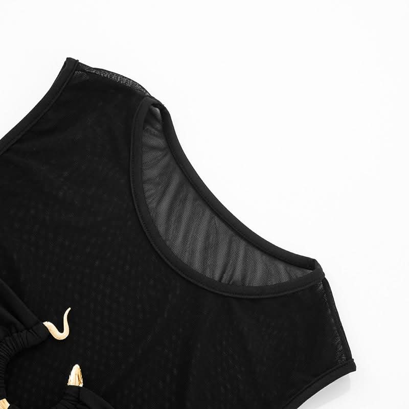 Sultry O-Ring Mesh & Ruched Crop Top - Chic Black Sleeveless for Fall Nights Out