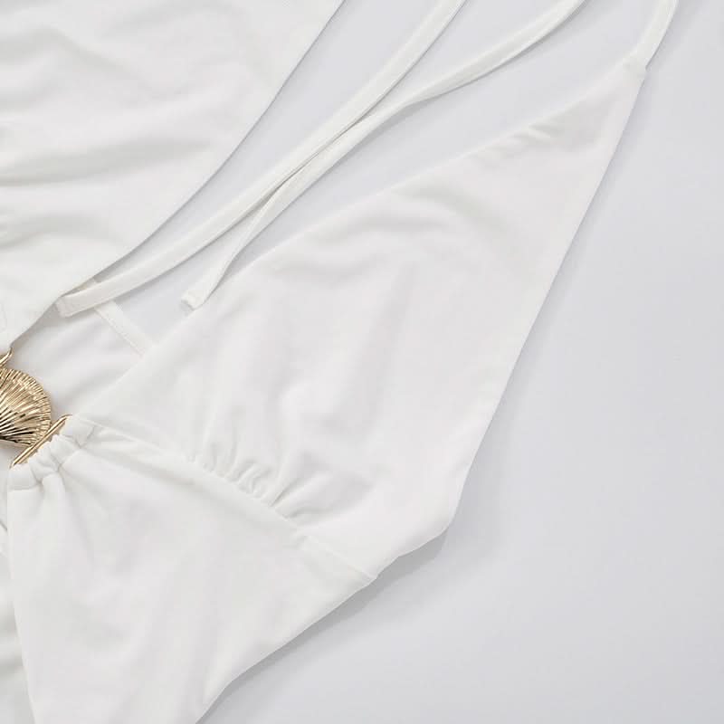Stunning White Halter Plunge Mini Dress with Seashell Charm - Your Warm Weather Getaway Essential