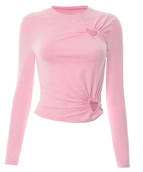 Coquette Chic Pink Heart Cutout Long Sleeve Top | Ruched Fall Fashion Statement