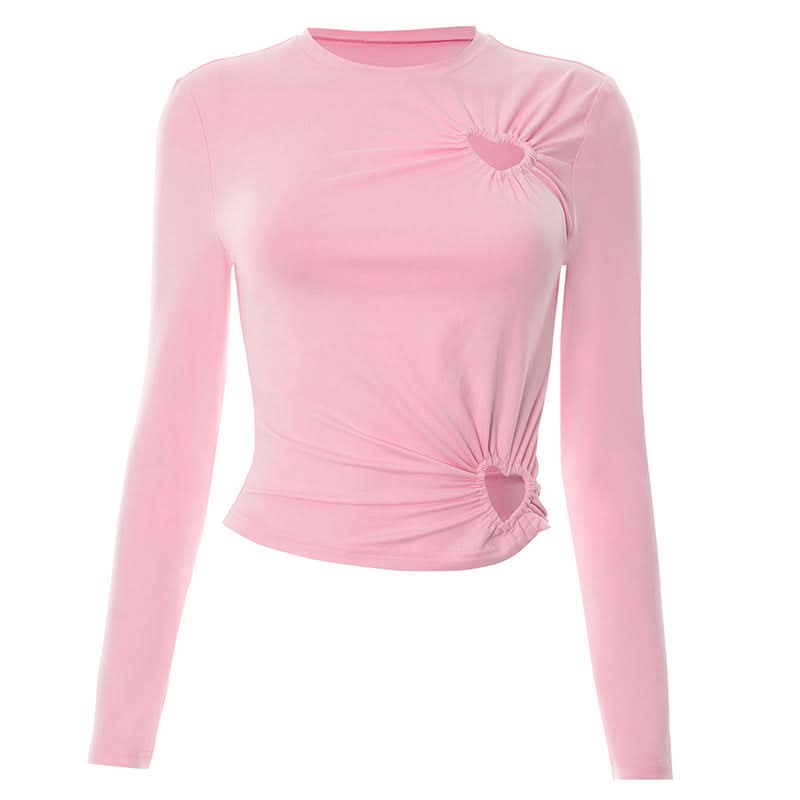 Coquette Chic Pink Heart Cutout Long Sleeve Top | Ruched Fall Fashion Statement