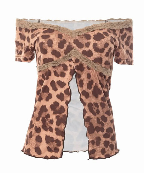 Wild Side Leopard Print Off-Shoulder Slit Top with Lace – Fall & Halloween Ready!