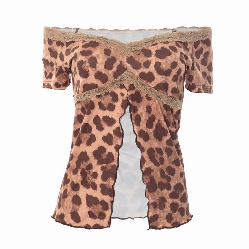 Wild Side Leopard Print Off-Shoulder Slit Top with Lace – Fall & Halloween Ready!