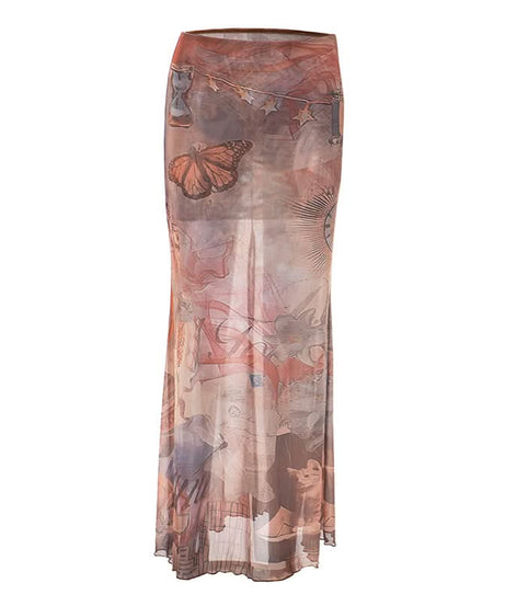 Ethereal Celestial Mesh Maxi Skirt - Mystical Butterfly Print Sheer Fall Style
