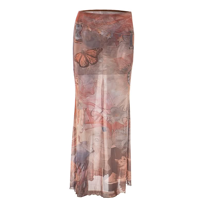 Ethereal Celestial Mesh Maxi Skirt - Mystical Butterfly Print Sheer Fall Style