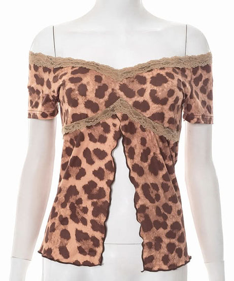 Wild Side Leopard Print Off-Shoulder Slit Top with Lace – Fall & Halloween Ready!