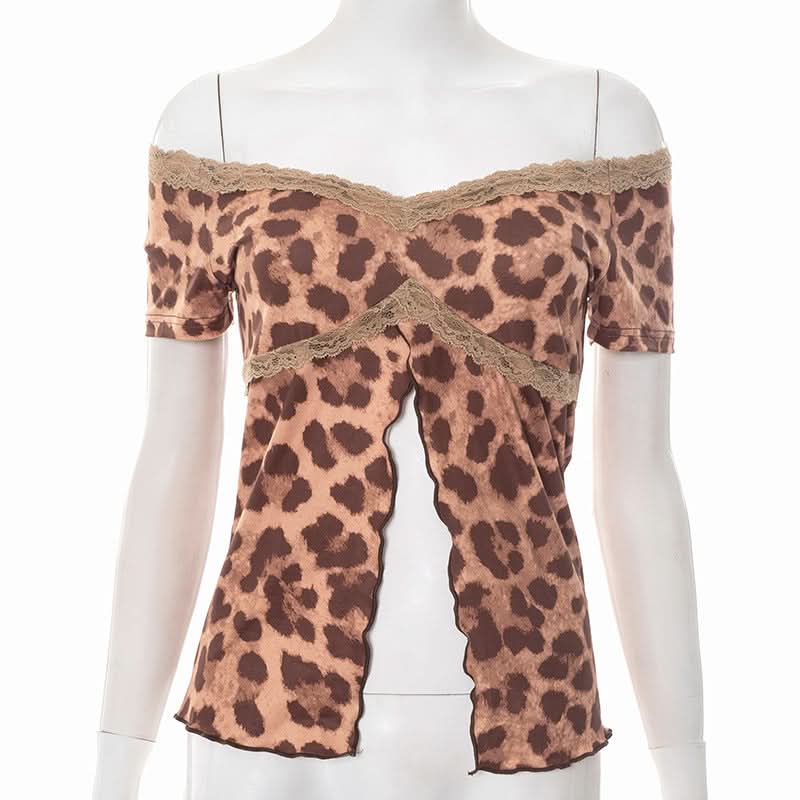 Wild Side Leopard Print Off-Shoulder Slit Top with Lace – Fall & Halloween Ready!