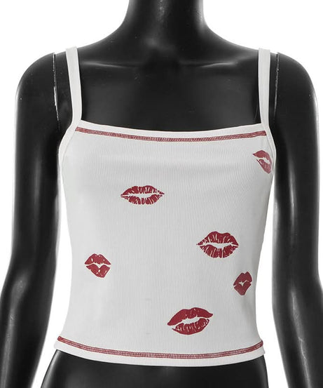 Y2K Flirty Lips Ribbed Cami Top - Square Neck Fall Essential