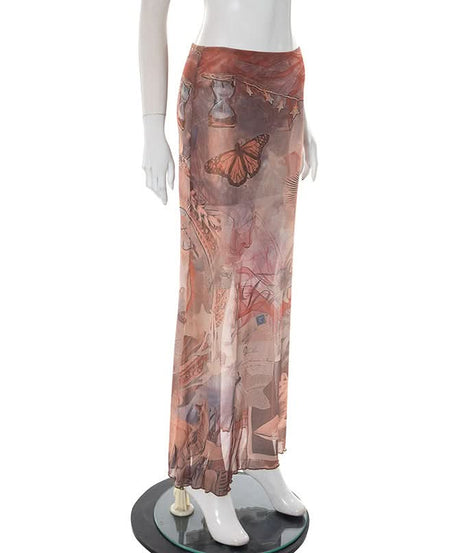 Ethereal Celestial Mesh Maxi Skirt - Mystical Butterfly Print Sheer Fall Style