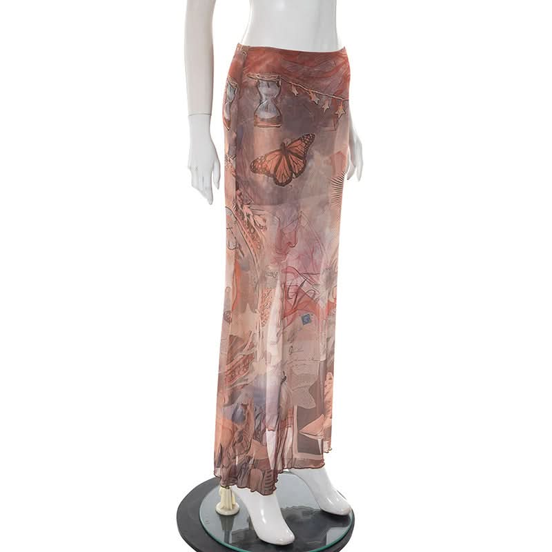 Ethereal Celestial Mesh Maxi Skirt - Mystical Butterfly Print Sheer Fall Style
