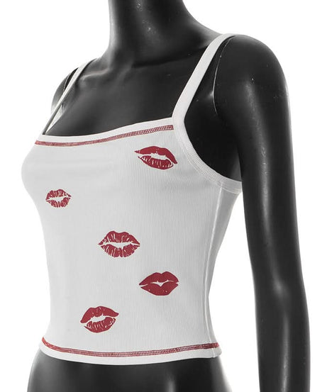 Y2K Flirty Lips Ribbed Cami Top - Square Neck Fall Essential