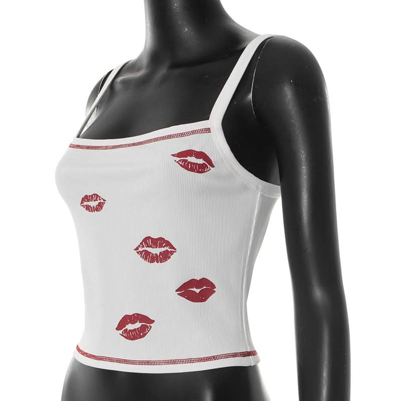 Y2K Flirty Lips Ribbed Cami Top - Square Neck Fall Essential