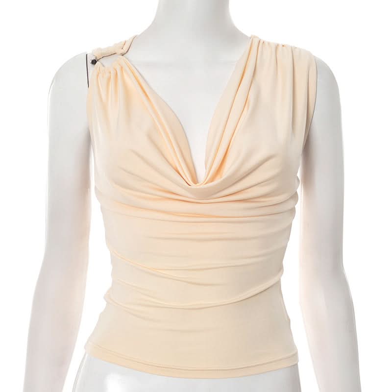 Autumn Chic Draped Cowl Neck Sleeveless Top for Women – Elegant Ruched Layering Essential