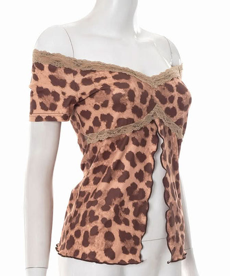 Wild Side Leopard Print Off-Shoulder Slit Top with Lace – Fall & Halloween Ready!