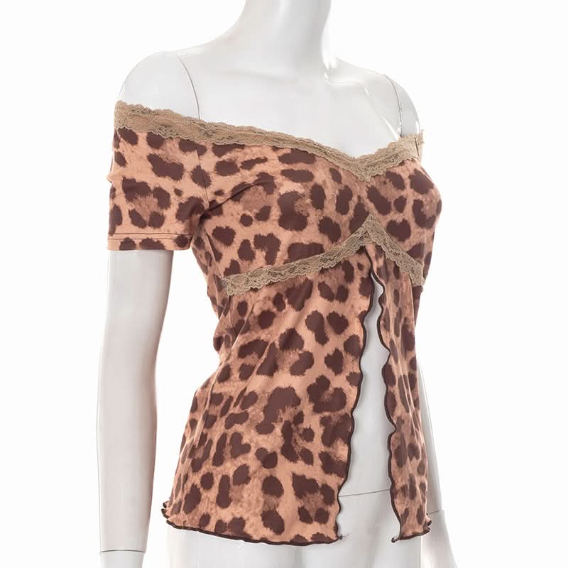 Wild Side Leopard Print Off-Shoulder Slit Top with Lace – Fall & Halloween Ready!