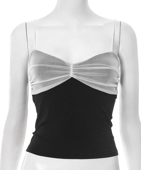 Chic Two-Tone Ruched Mesh Backless Cami Top | Fall Layering & Date Night Essential