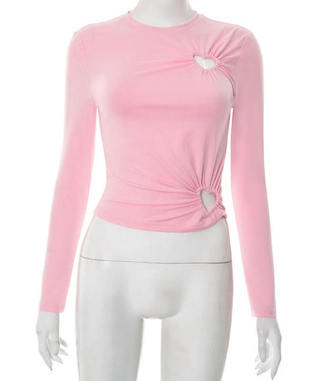 Coquette Chic Pink Heart Cutout Long Sleeve Top | Ruched Fall Fashion Statement