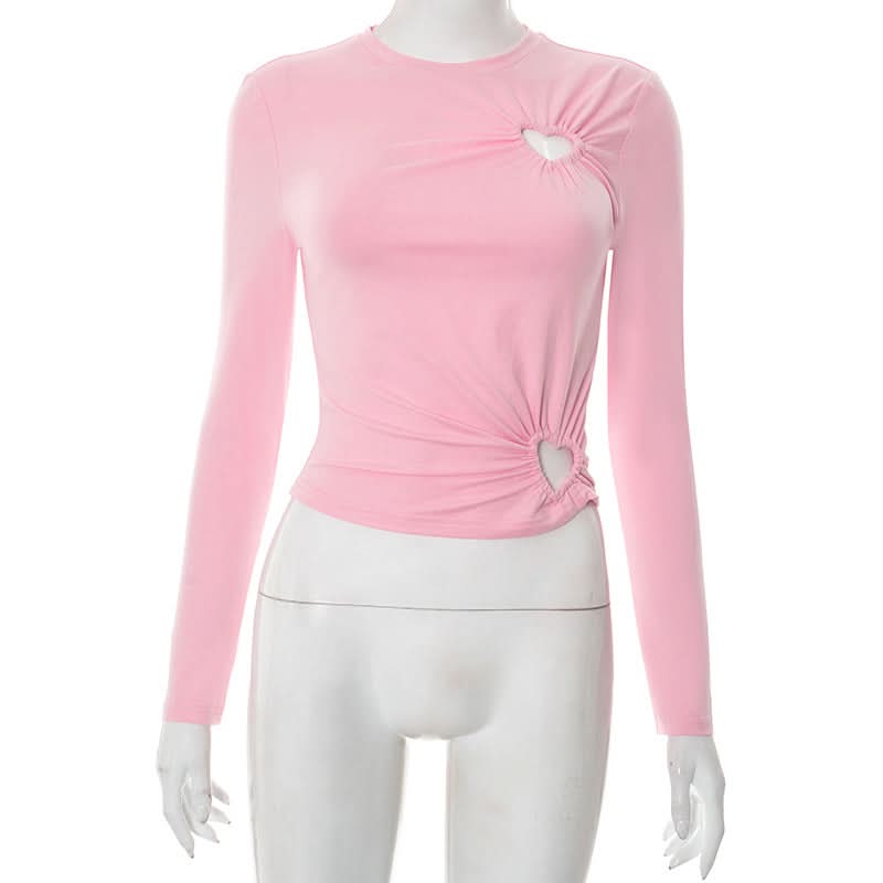 Coquette Chic Pink Heart Cutout Long Sleeve Top | Ruched Fall Fashion Statement