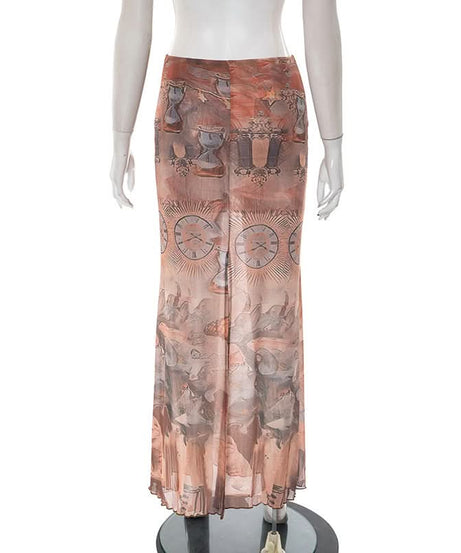 Ethereal Celestial Mesh Maxi Skirt - Mystical Butterfly Print Sheer Fall Style