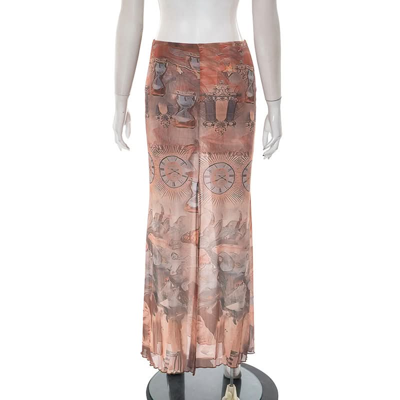 Ethereal Celestial Mesh Maxi Skirt - Mystical Butterfly Print Sheer Fall Style