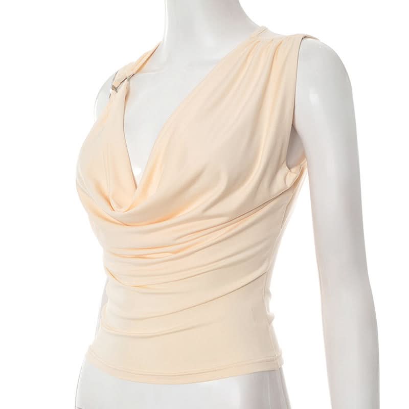 Autumn Chic Draped Cowl Neck Sleeveless Top for Women – Elegant Ruched Layering Essential