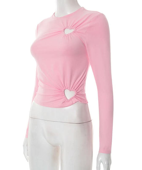 Coquette Chic Pink Heart Cutout Long Sleeve Top | Ruched Fall Fashion Statement