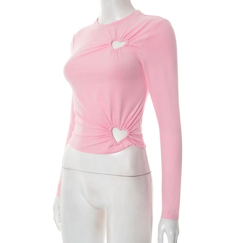 Coquette Chic Pink Heart Cutout Long Sleeve Top | Ruched Fall Fashion Statement