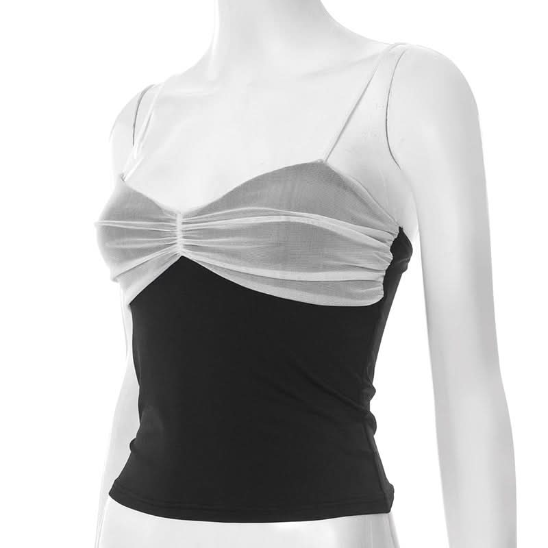 Chic Two-Tone Ruched Mesh Backless Cami Top | Fall Layering & Date Night Essential