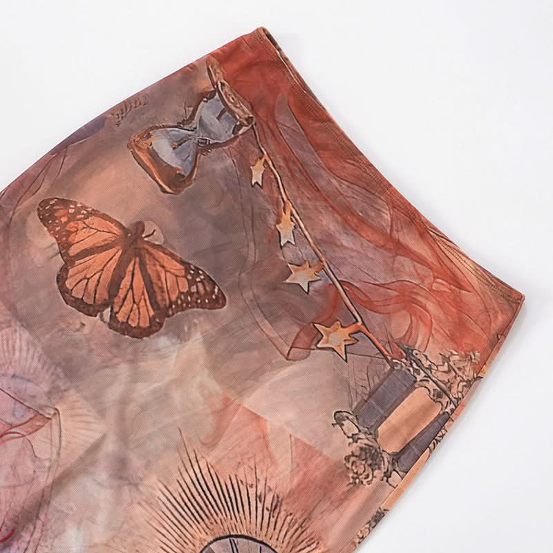 Ethereal Celestial Mesh Maxi Skirt - Mystical Butterfly Print Sheer Fall Style