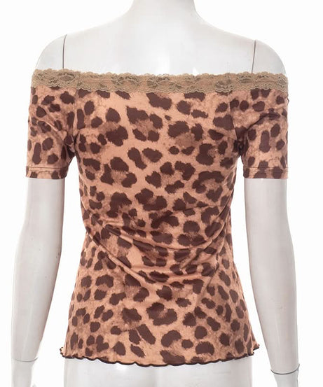Wild Side Leopard Print Off-Shoulder Slit Top with Lace – Fall & Halloween Ready!