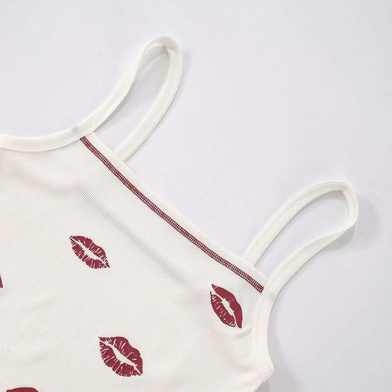 Y2K Flirty Lips Ribbed Cami Top - Square Neck Fall Essential
