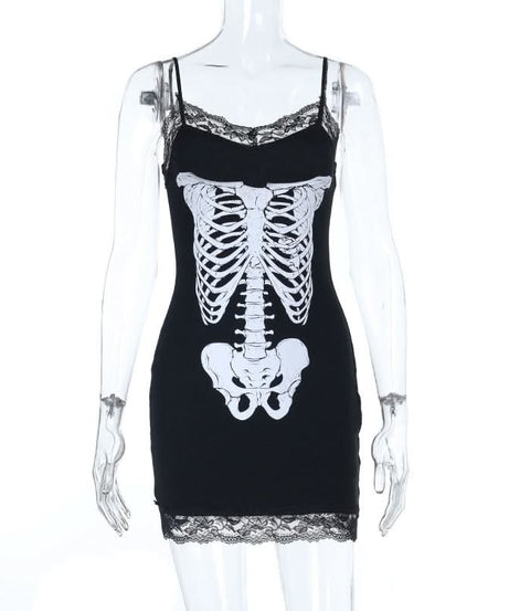 Haunted Ribs & Lace: Spooky Chic Skeleton Cami Mini Dress for Halloween Parties