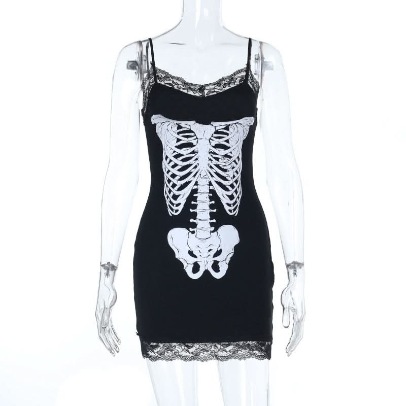 Haunted Ribs & Lace: Spooky Chic Skeleton Cami Mini Dress for Halloween Parties
