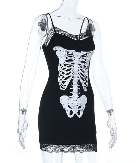 Haunted Ribs & Lace: Spooky Chic Skeleton Cami Mini Dress for Halloween Parties