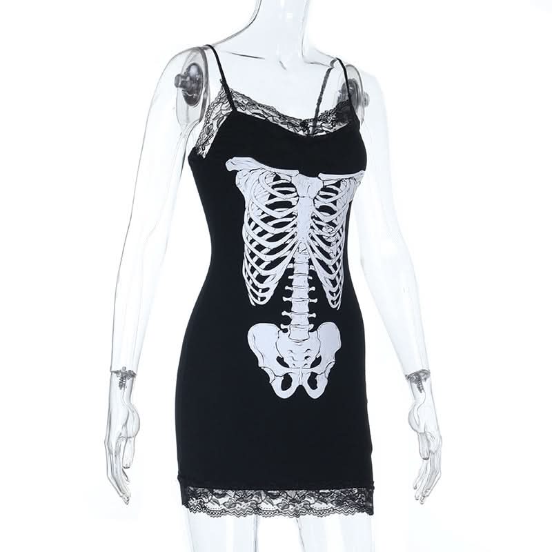 Haunted Ribs & Lace: Spooky Chic Skeleton Cami Mini Dress for Halloween Parties