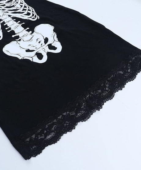 Haunted Ribs & Lace: Spooky Chic Skeleton Cami Mini Dress for Halloween Parties