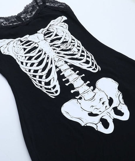 Haunted Ribs & Lace: Spooky Chic Skeleton Cami Mini Dress for Halloween Parties