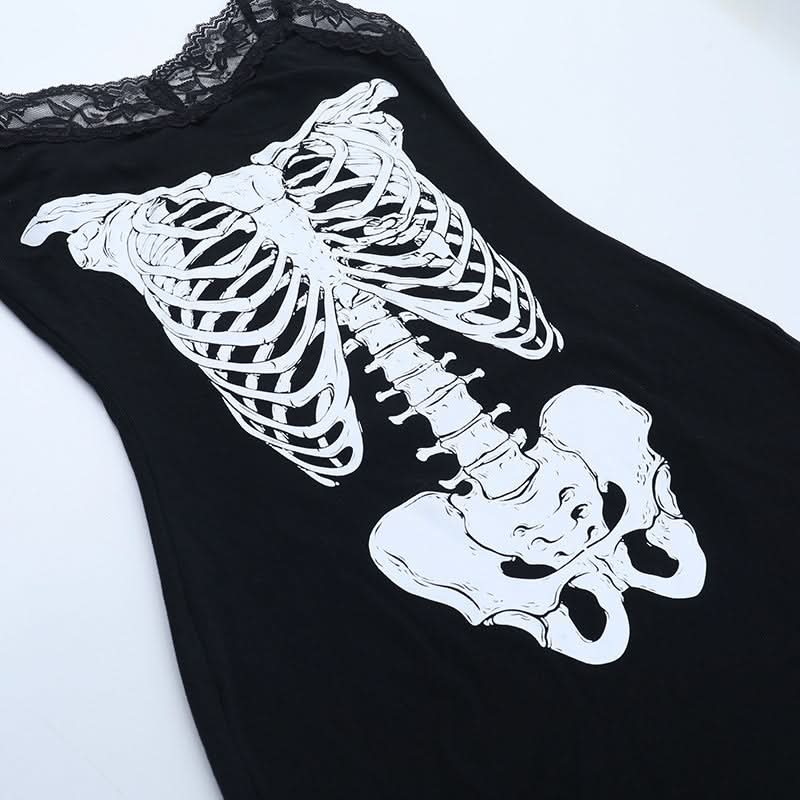 Haunted Ribs & Lace: Spooky Chic Skeleton Cami Mini Dress for Halloween Parties