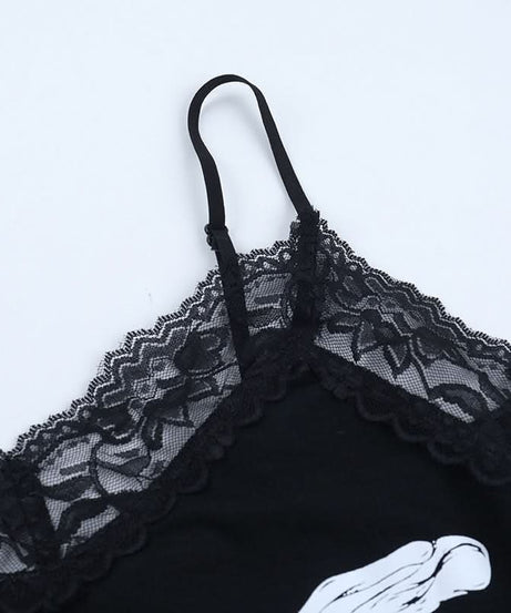 Haunted Ribs & Lace: Spooky Chic Skeleton Cami Mini Dress for Halloween Parties